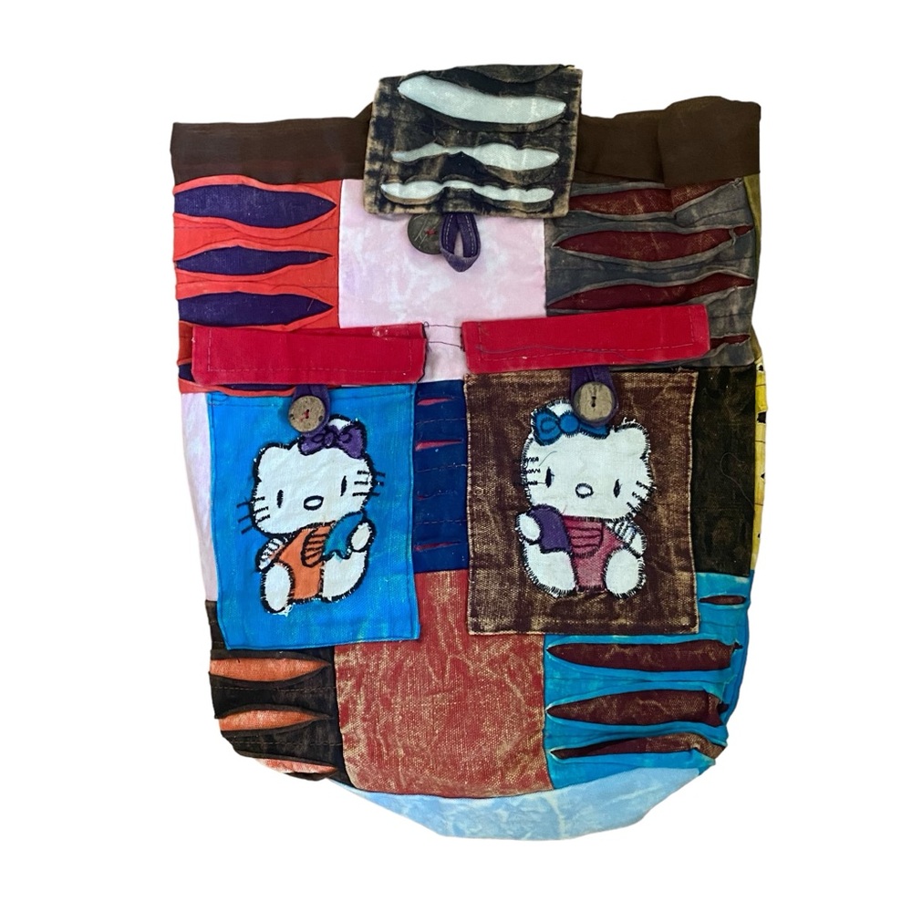 HELLO Kitty style burlap Kantha bohemian patchwork knapsack backpack Large - Picture 10 of 16